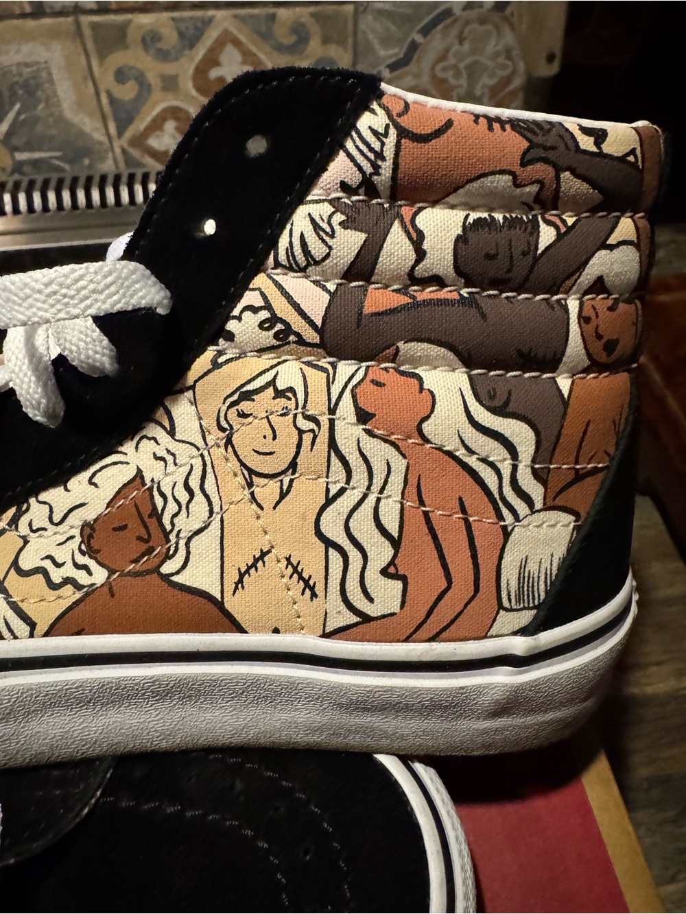 Vans High Top Sneakers Black with Tan and Brown Illustrated Panel